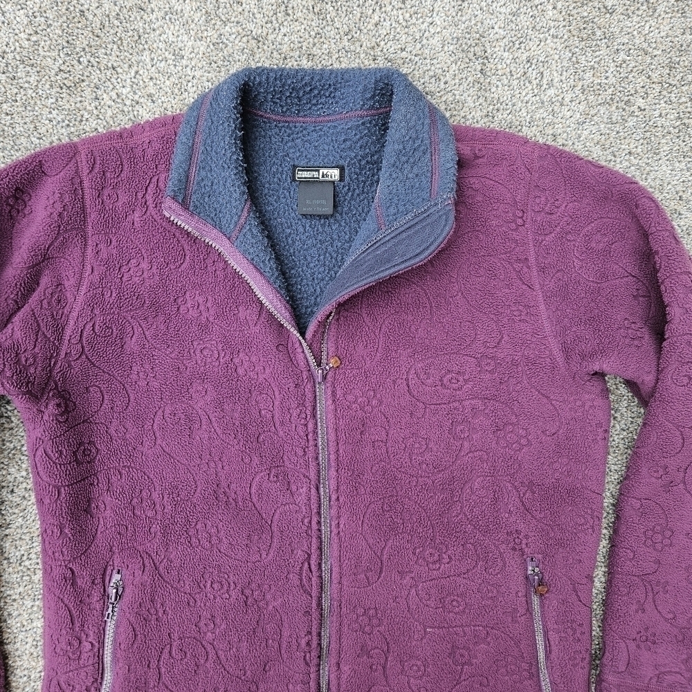 REI Floral Embossed Zip Up Fleece Jacket Plum Purple Vintage 90s Small MD RARE